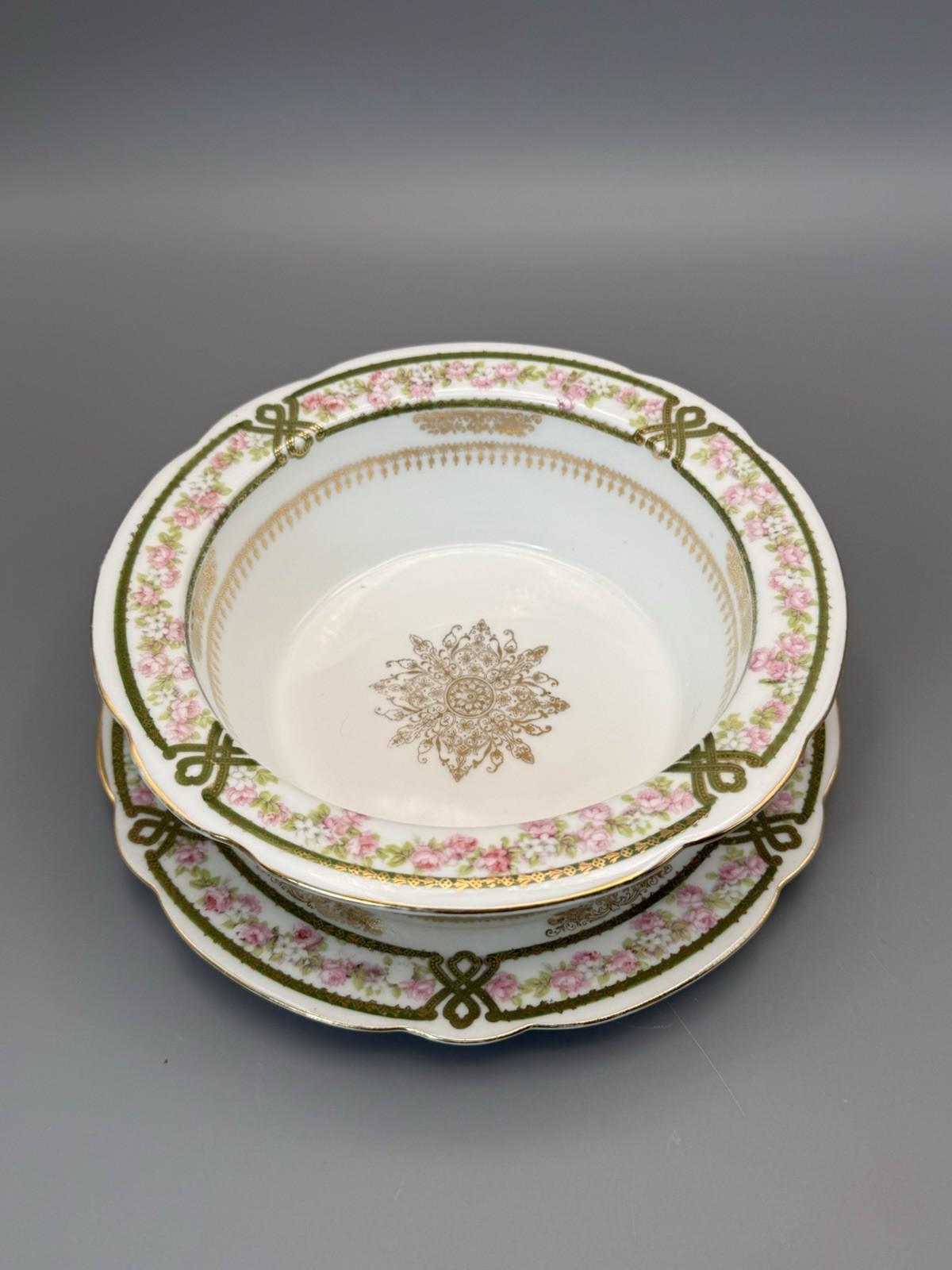 Antique Soufflé Dish Imperial Crown China Underplate Austria Floral 7.25”d