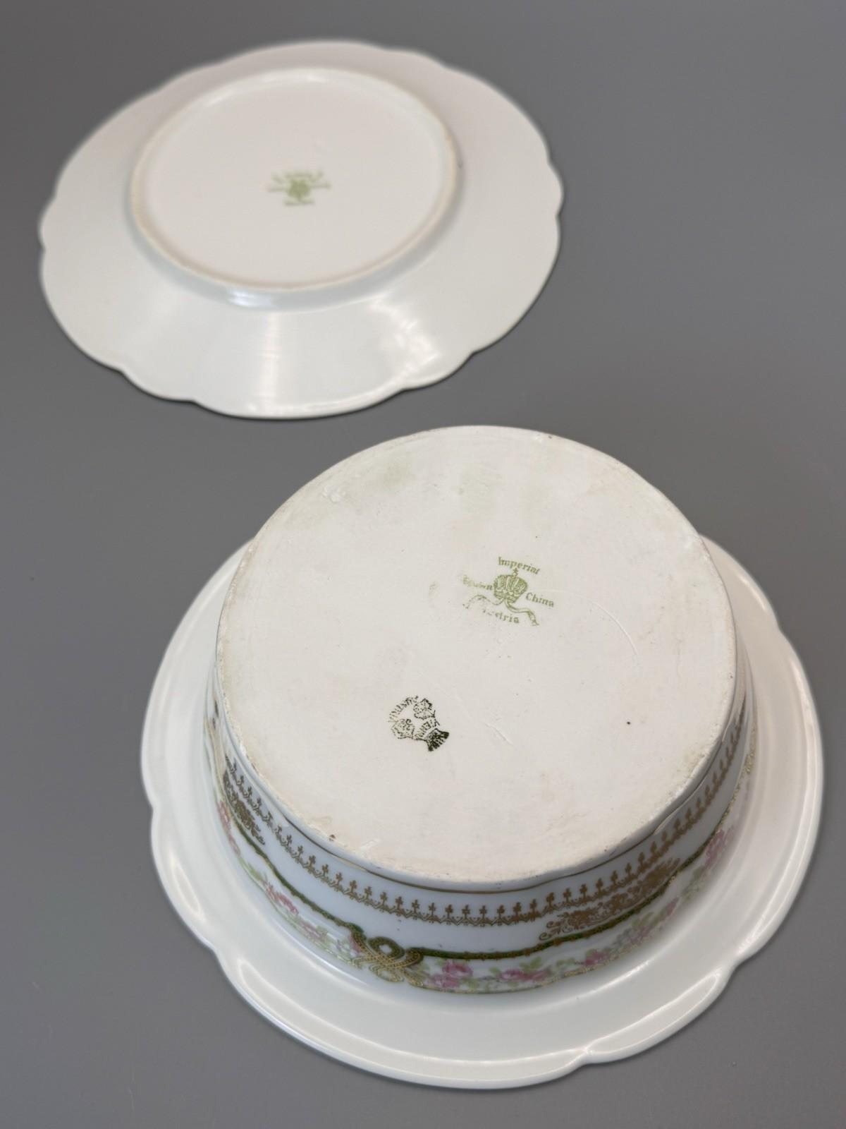 Antique Soufflé Dish Imperial Crown China Underplate Austria Floral 7.25”d