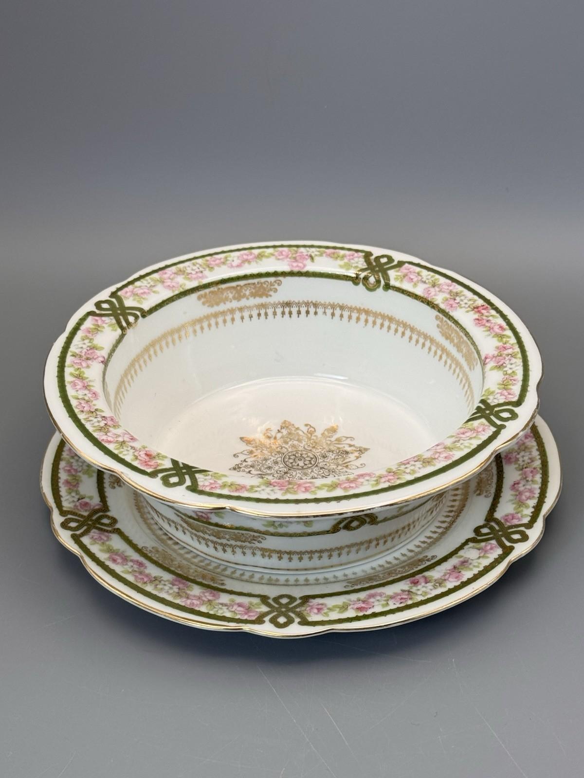 Antique Soufflé Dish Imperial Crown China Underplate Austria Floral 7.25”d