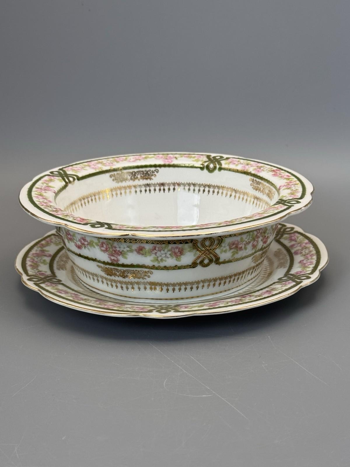 Antique Soufflé Dish Imperial Crown China Underplate Austria Floral 7.25”d
