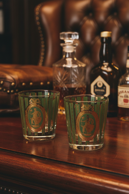 2 Vintage Cera Cora Old Fashioned Whiskey Glasses Athena Cupid 22K Gold
