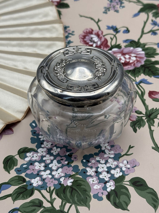 Antique Sterling Dresser Jar Cut Glass Vanity Jar 4” Large