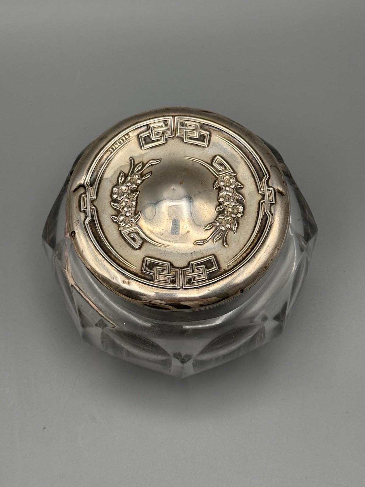 Antique Sterling Dresser Jar Cut Glass Vanity Jar 4” Large