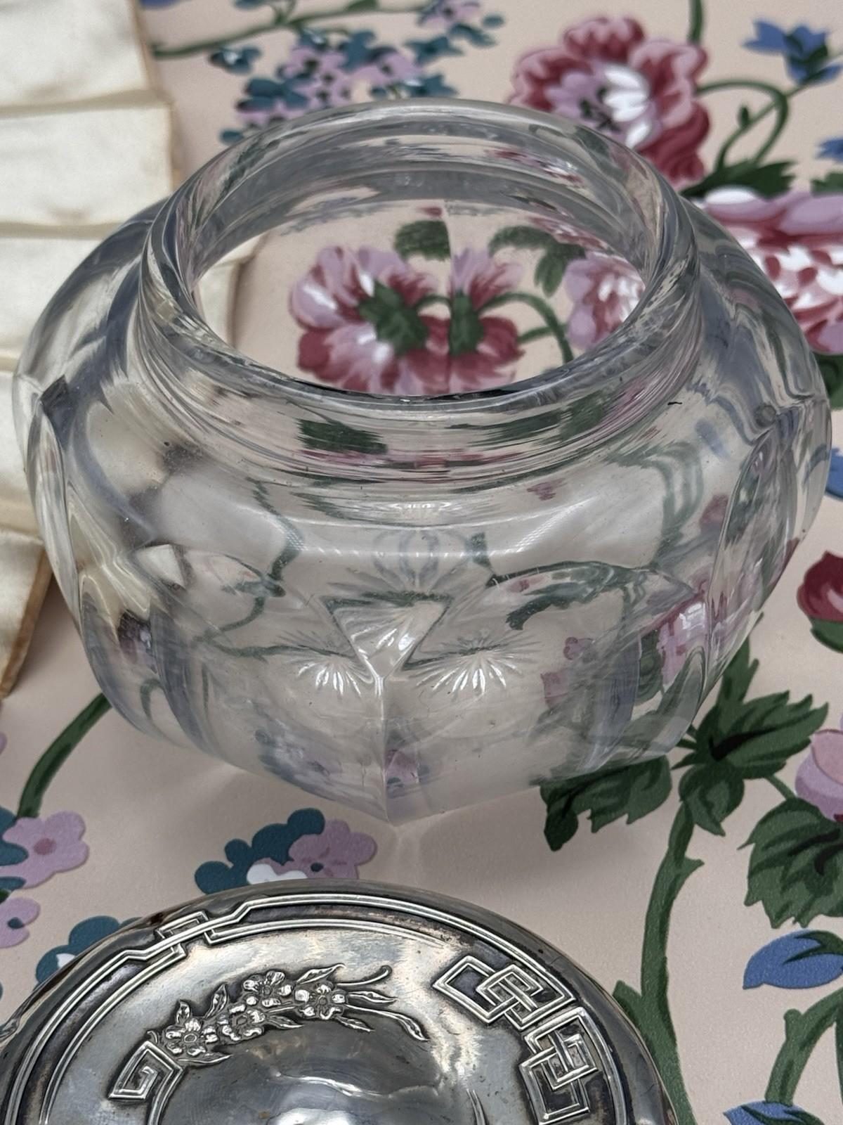 Antique Sterling Dresser Jar Cut Glass Vanity Jar 4” Large