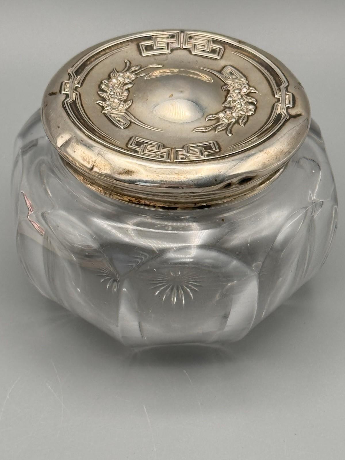 Antique Sterling Dresser Jar Cut Glass Vanity Jar 4” Large