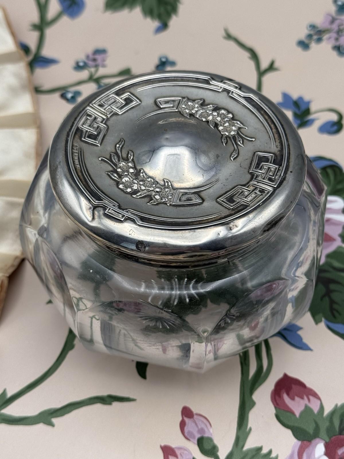 Antique Sterling Dresser Jar Cut Glass Vanity Jar 4” Large