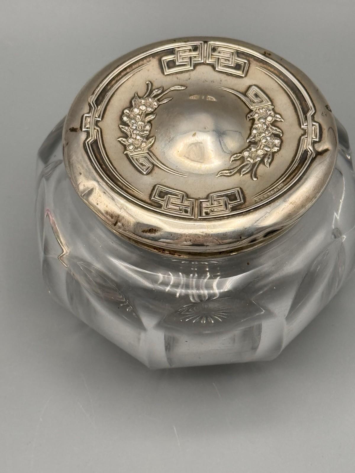 Antique Sterling Dresser Jar Cut Glass Vanity Jar 4” Large