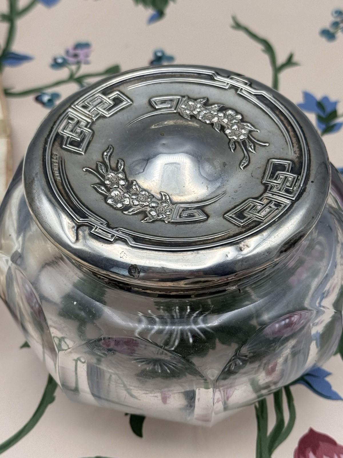 Antique Sterling Dresser Jar Cut Glass Vanity Jar 4” Large
