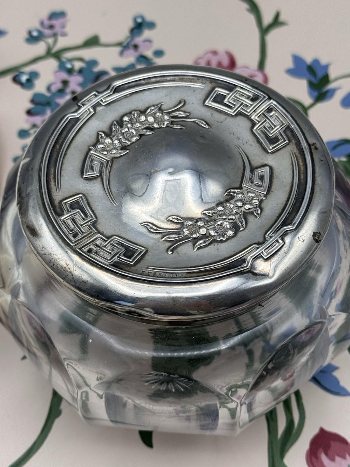 Antique Sterling Dresser Jar Cut Glass Vanity Jar 4” Large