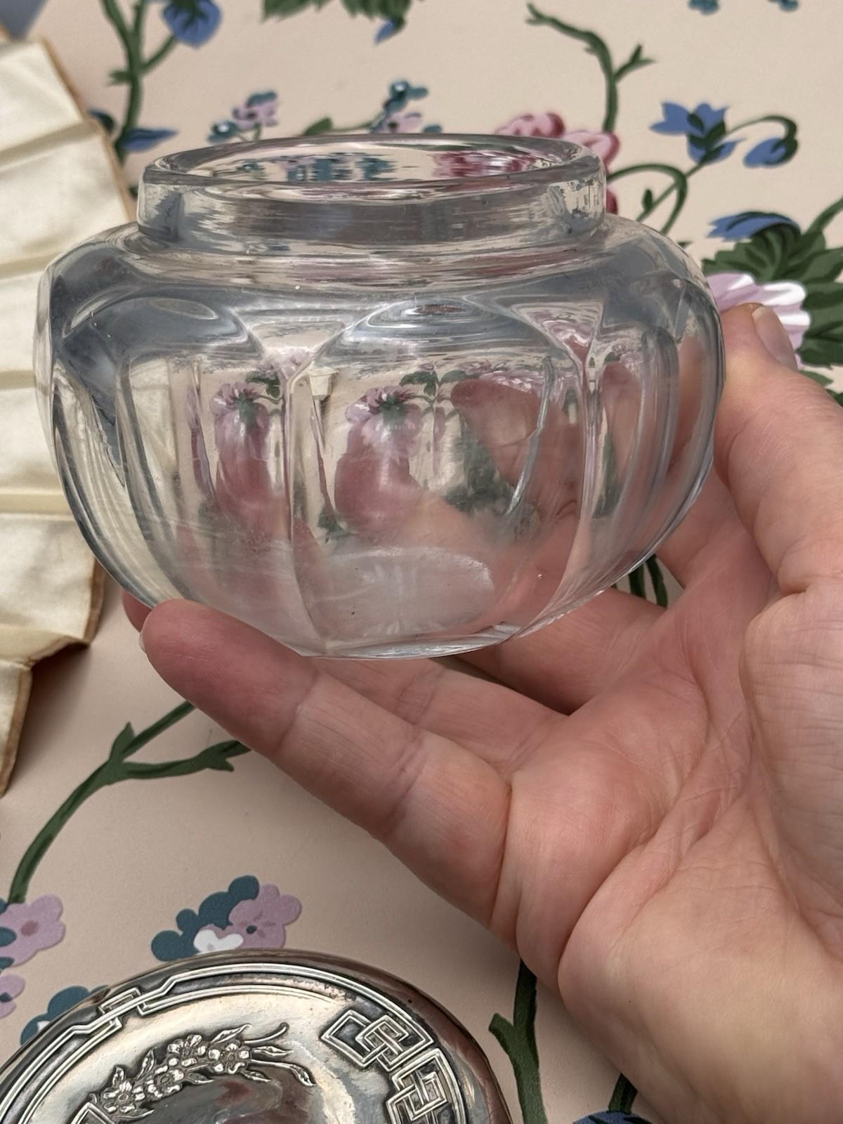 Antique Sterling Dresser Jar Cut Glass Vanity Jar 4” Large