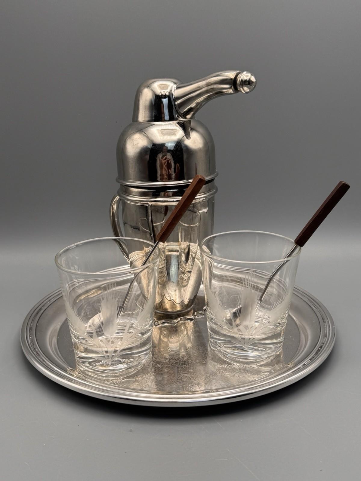 Restoration Hardware Penguin Shaker Bar Set Silverplate Golf Trophy Tray 1961