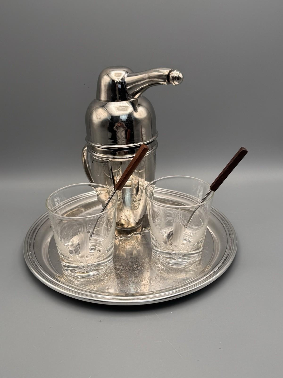 Restoration Hardware Penguin Shaker Bar Set Silverplate Golf Trophy Tray 1961