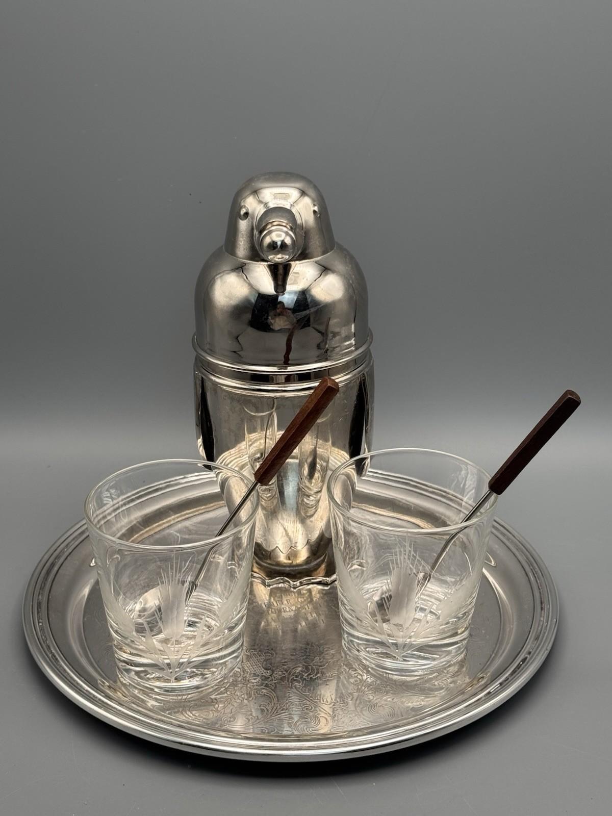 Restoration Hardware Penguin Shaker Bar Set Silverplate Golf Trophy Tray 1961