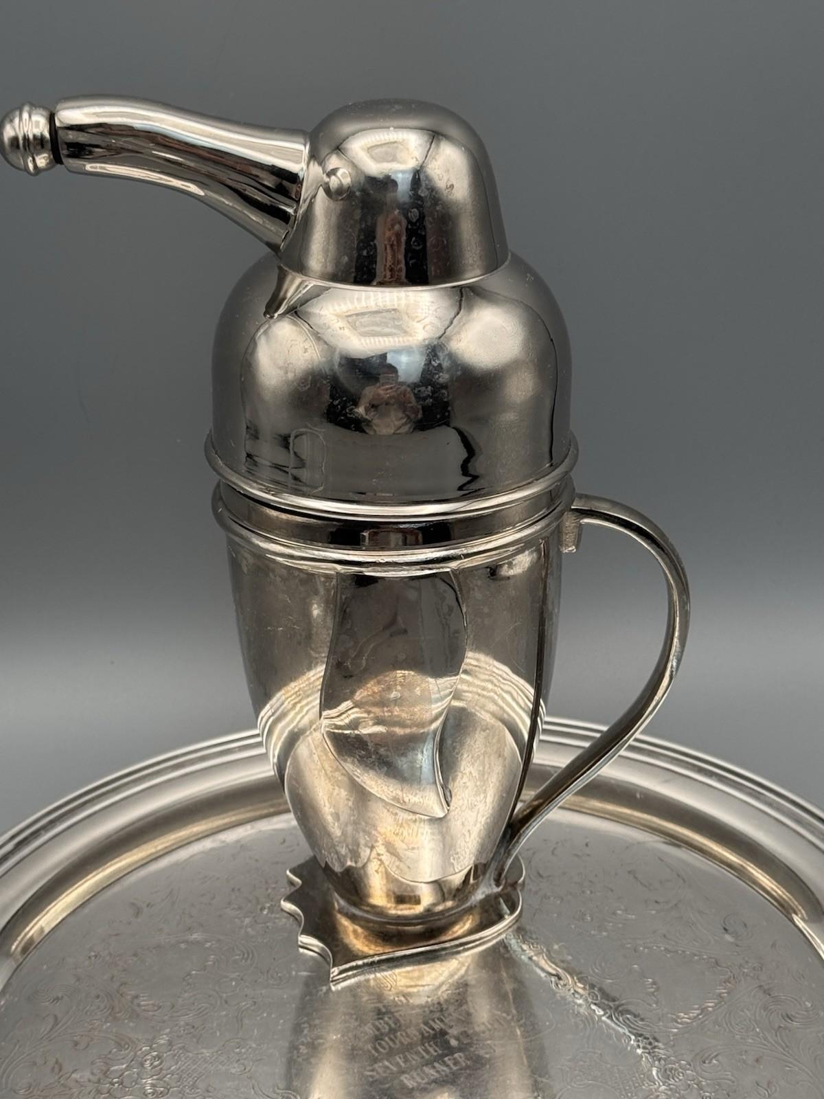 Restoration Hardware Penguin Shaker Bar Set Silverplate Golf Trophy Tray 1961