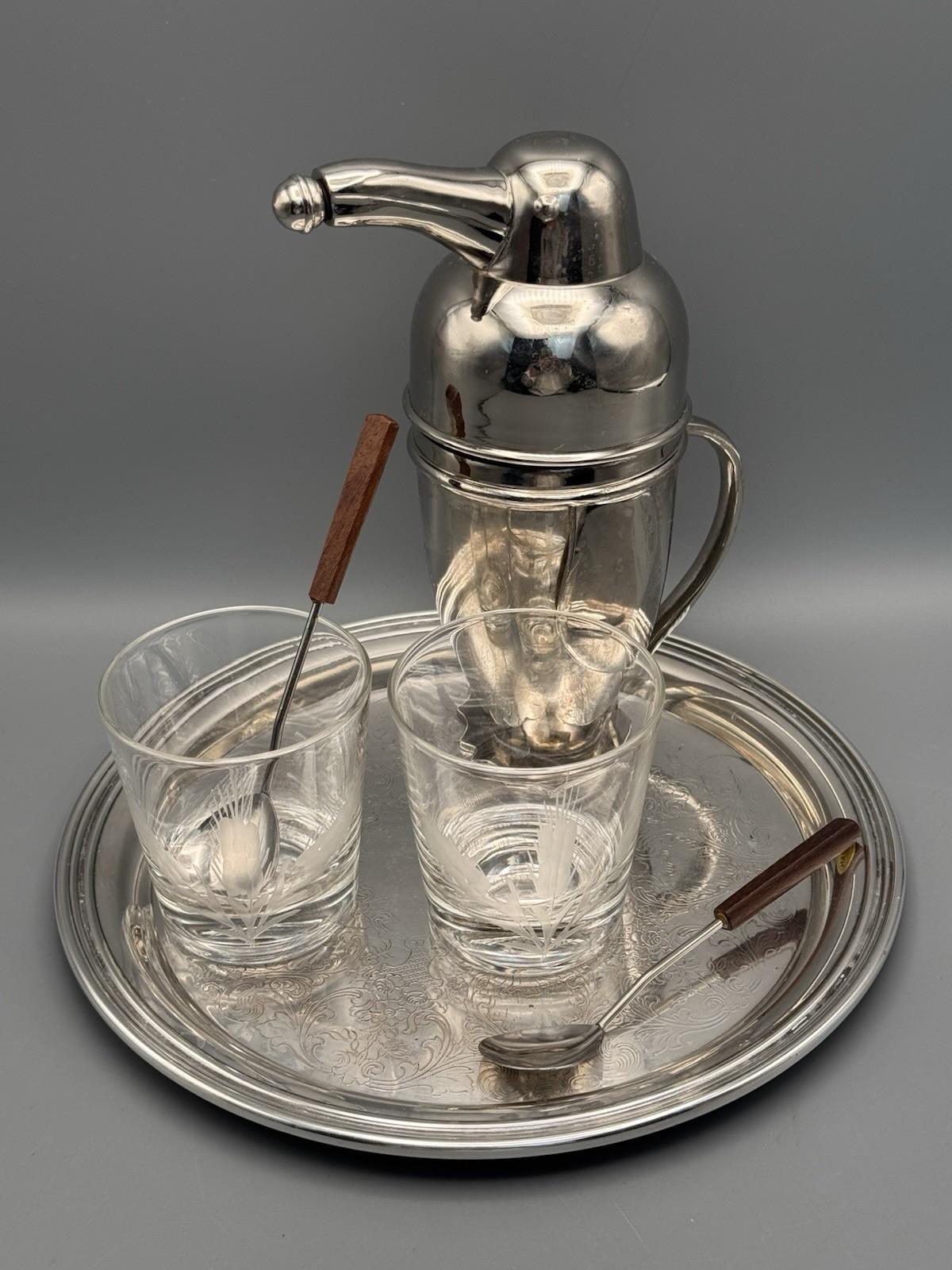 Restoration Hardware Penguin Shaker Bar Set Silverplate Golf Trophy Tray 1961