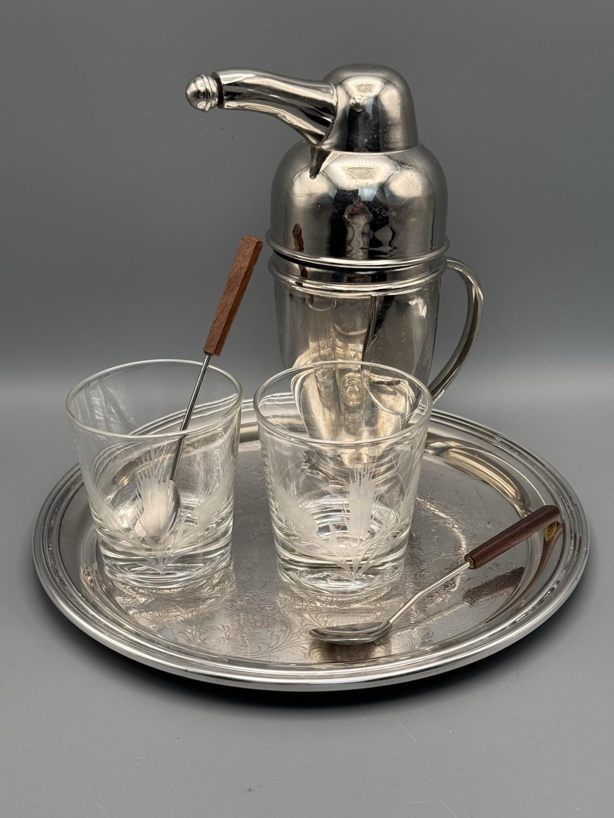 Restoration Hardware Penguin Shaker Bar Set Silverplate Golf Trophy Tray 1961