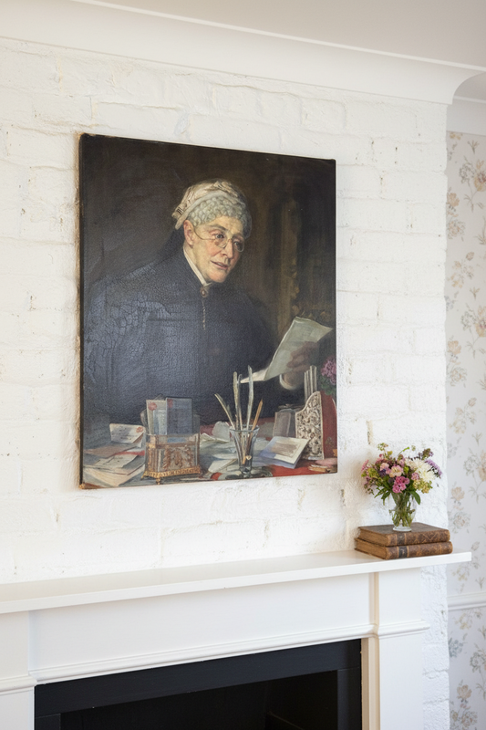 Antique 1903 Oil Portrait Painting Elderly Woman Reading Letter 25” x 30”