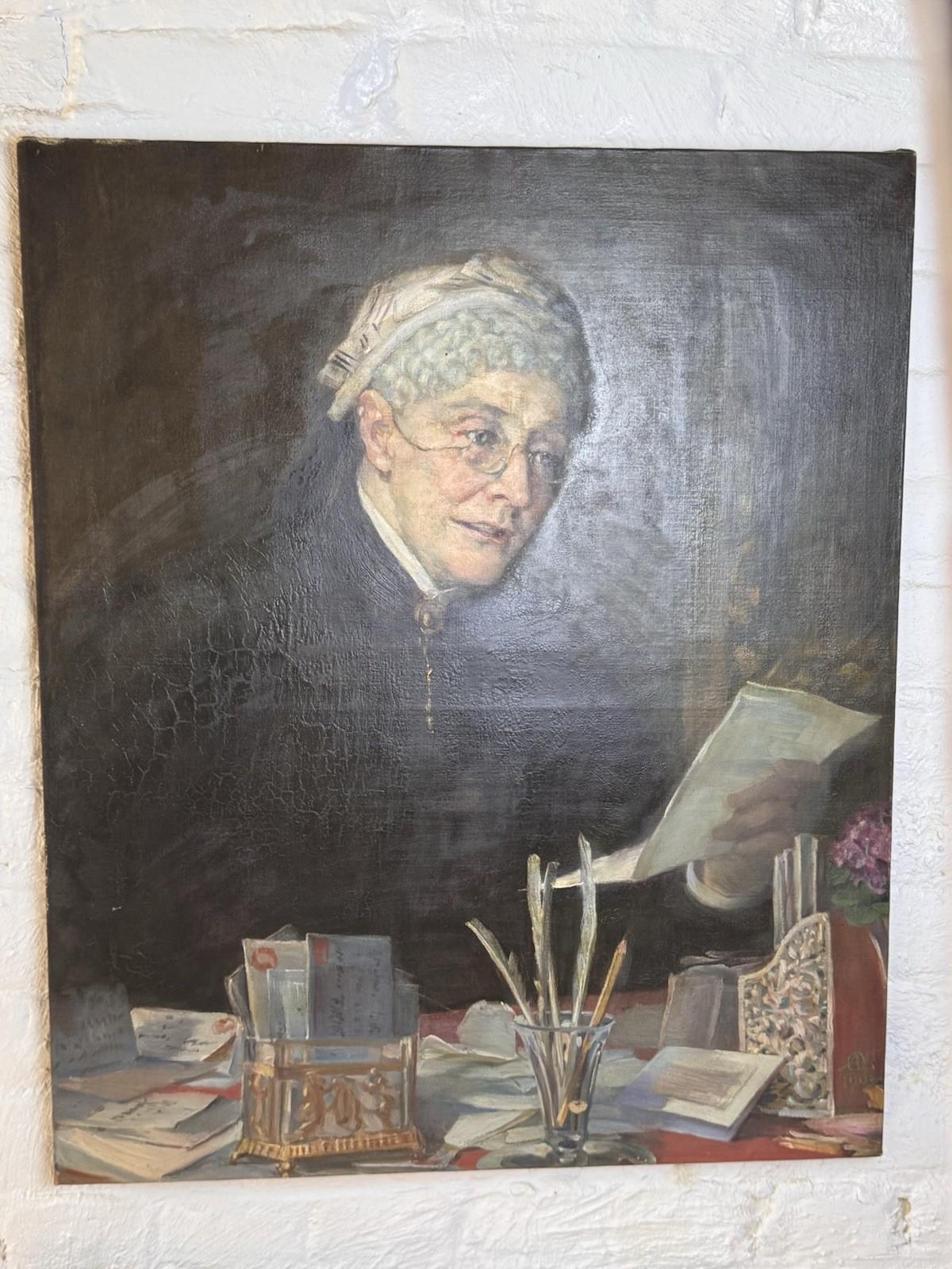 Antique 1903 Oil Portrait Painting Elderly Woman Reading Letter 25” x 30”