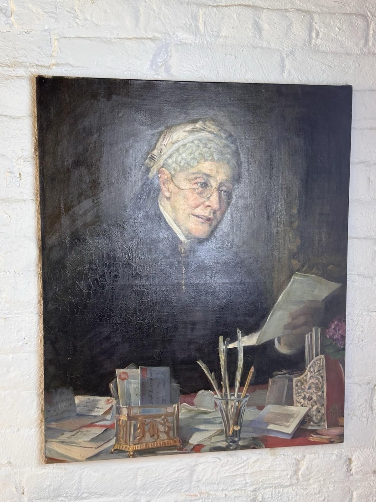 Antique 1903 Oil Portrait Painting Elderly Woman Reading Letter 25” x 30”