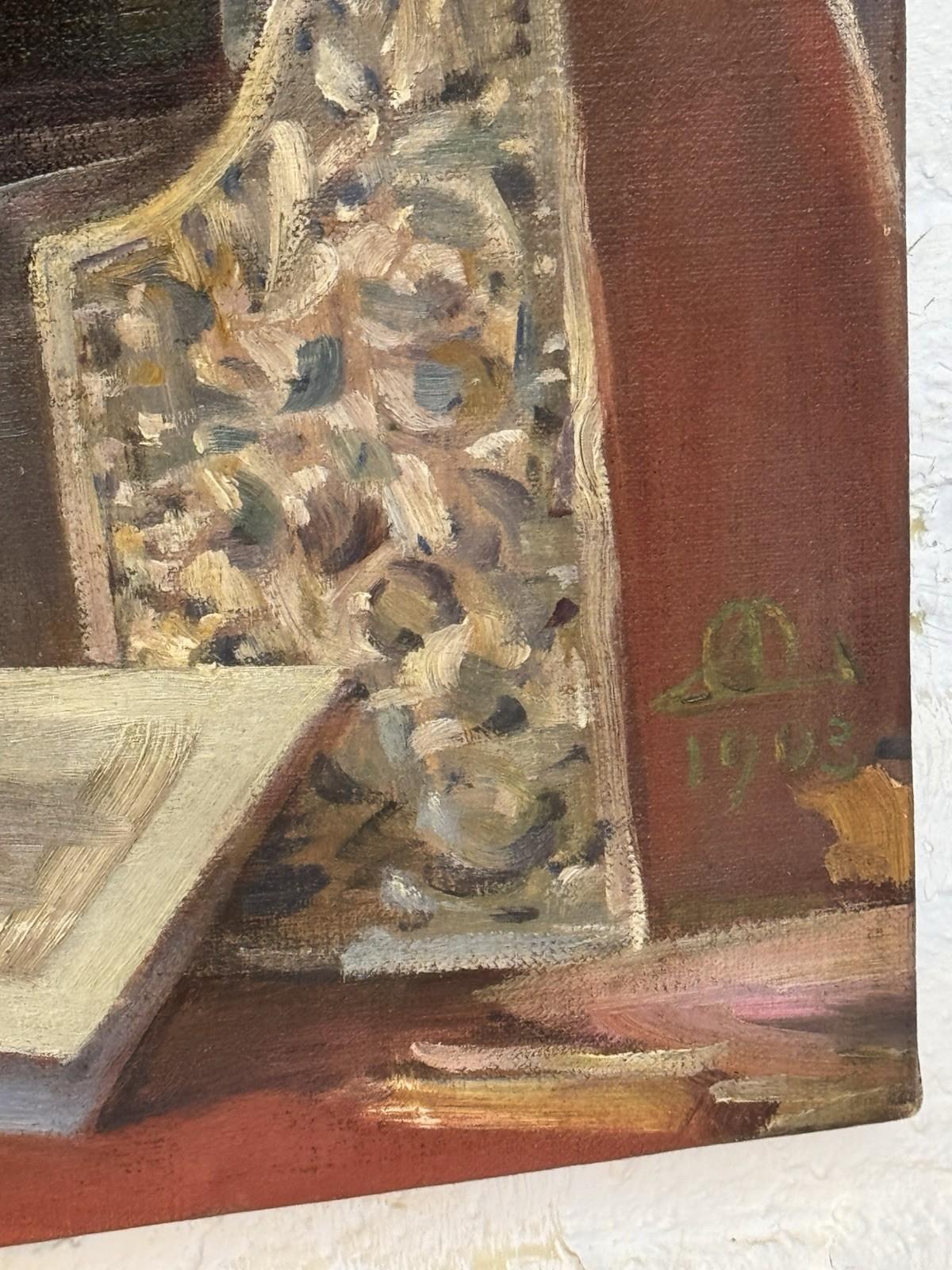 Antique 1903 Oil Portrait Painting Elderly Woman Reading Letter 25” x 30”