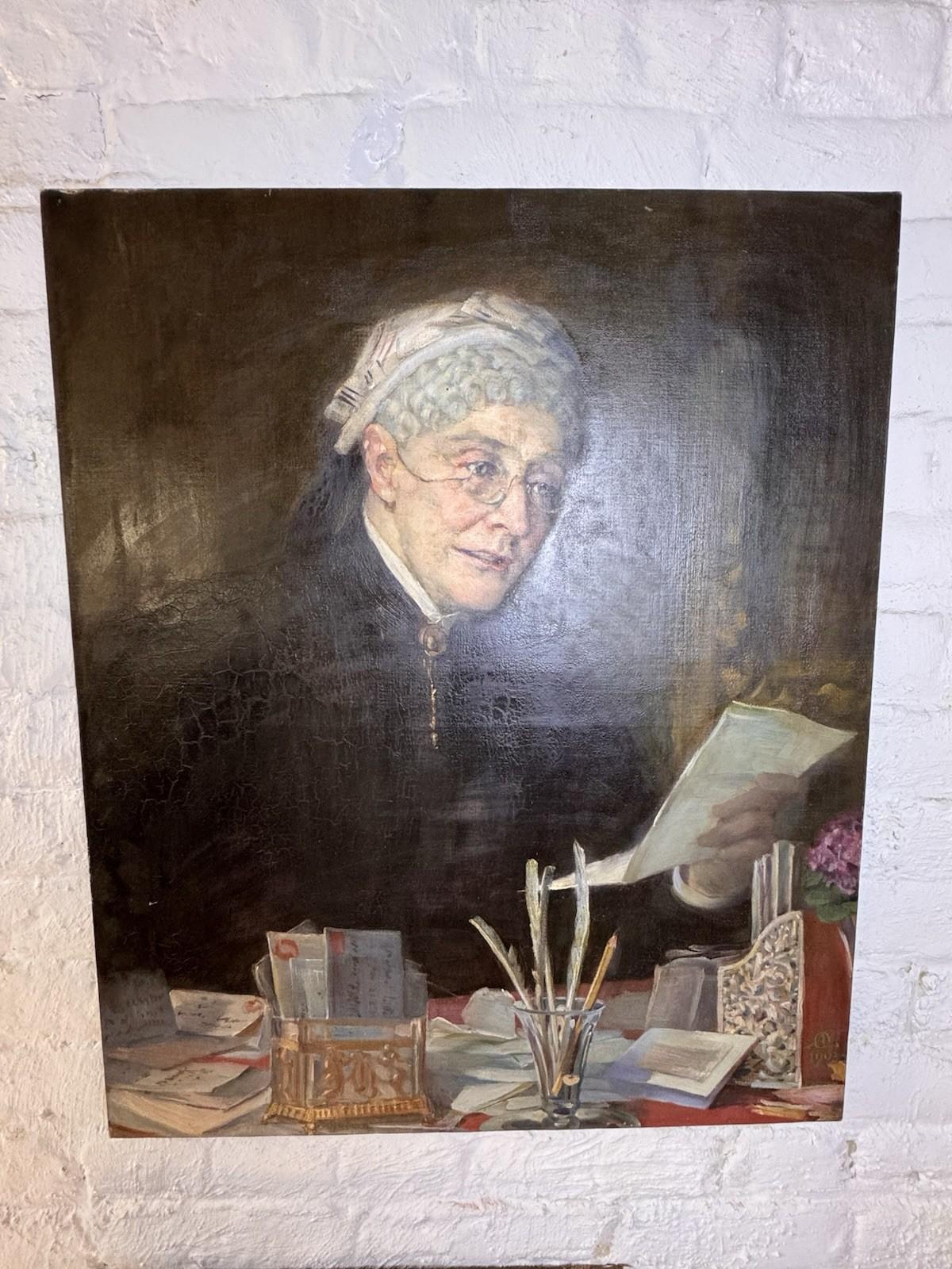 Antique 1903 Oil Portrait Painting Elderly Woman Reading Letter 25” x 30”
