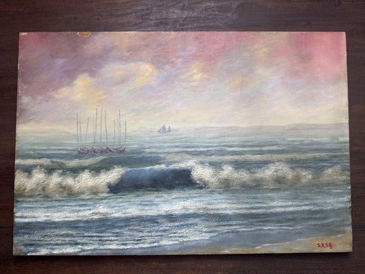 Antique Signed Oil Seascape Painting Sailboats Sunset 24” x 15.75” Small Damage