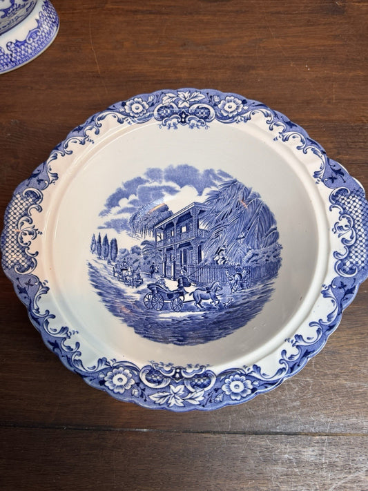 Vintage Blue & White Bowl Heritage Hall Staffordshire England 10” Transferware