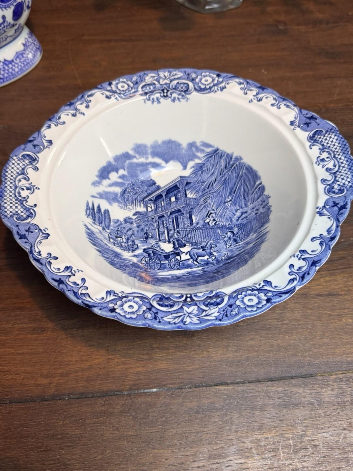 Vintage Blue & White Bowl Heritage Hall Staffordshire England 10” Transferware