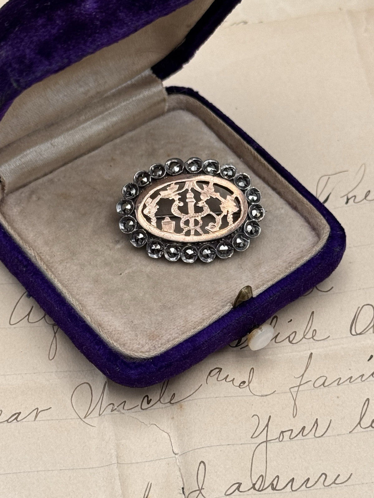 Antique Brooch Tested Silver Rose Gold Marcasite Serpent Edwardian C Clasp