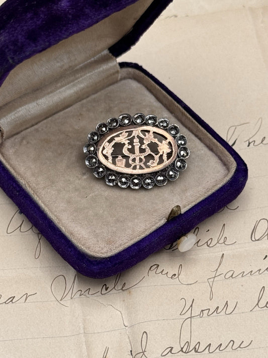 Antique Brooch Tested Silver Rose Gold Marcasite Serpent Edwardian C Clasp