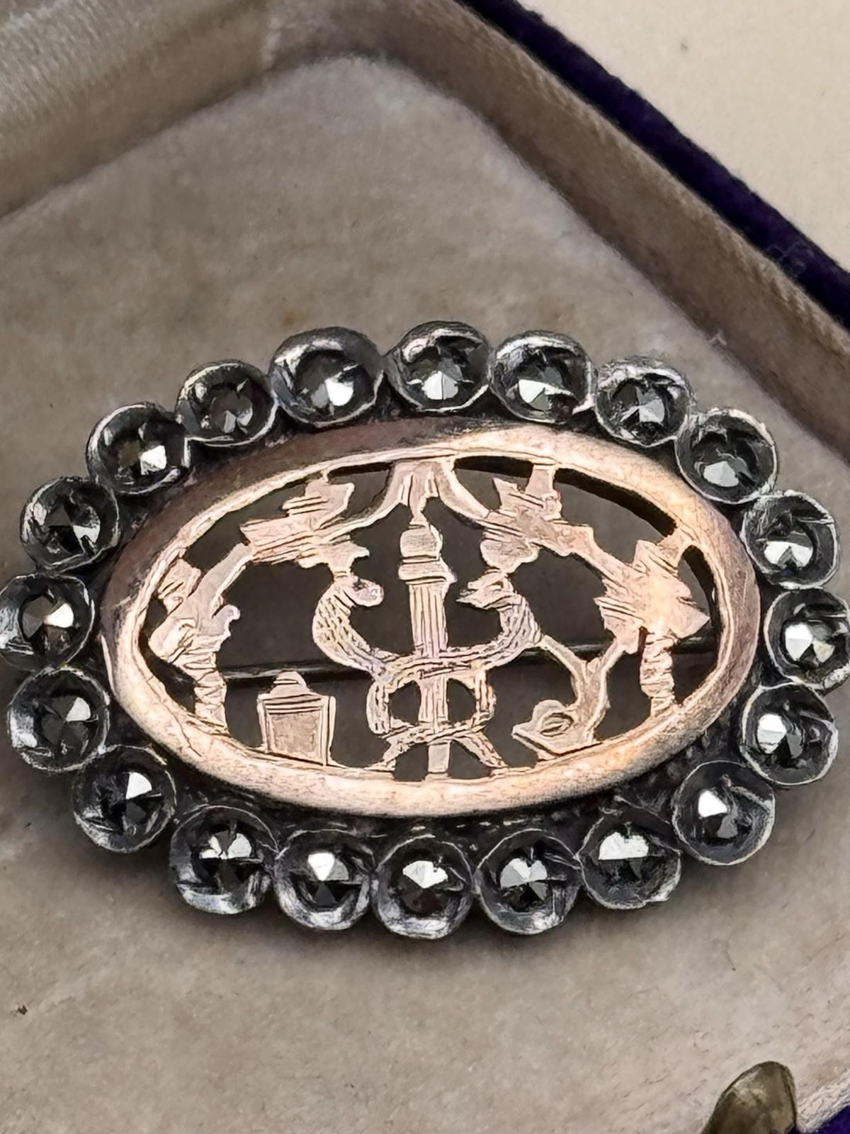 Antique Brooch Tested Silver Rose Gold Marcasite Serpent Edwardian C Clasp