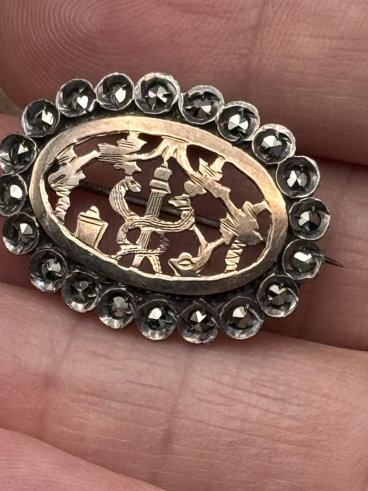 Antique Brooch Tested Silver Rose Gold Marcasite Serpent Edwardian C Clasp