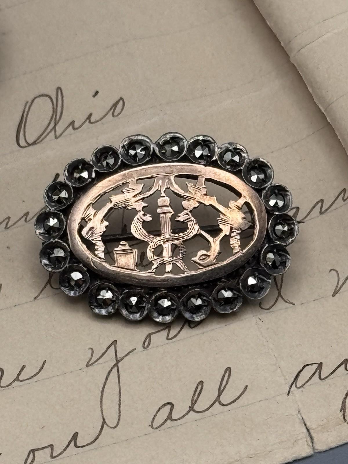 Antique Brooch Tested Silver Rose Gold Marcasite Serpent Edwardian C Clasp
