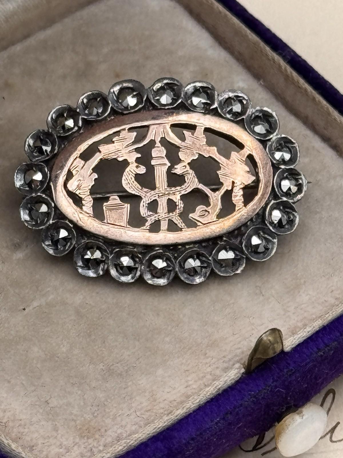 Antique Brooch Tested Silver Rose Gold Marcasite Serpent Edwardian C Clasp