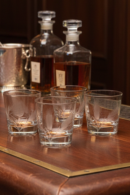 Vintage Etched Glass Tumblers Thistle Wheat Set 4 Lowball 3”