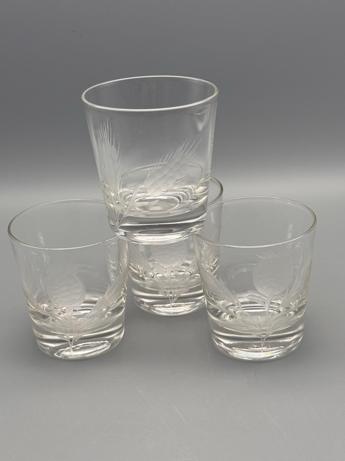 Vintage Etched Glass Tumblers Thistle Wheat Set 4 Lowball 3”