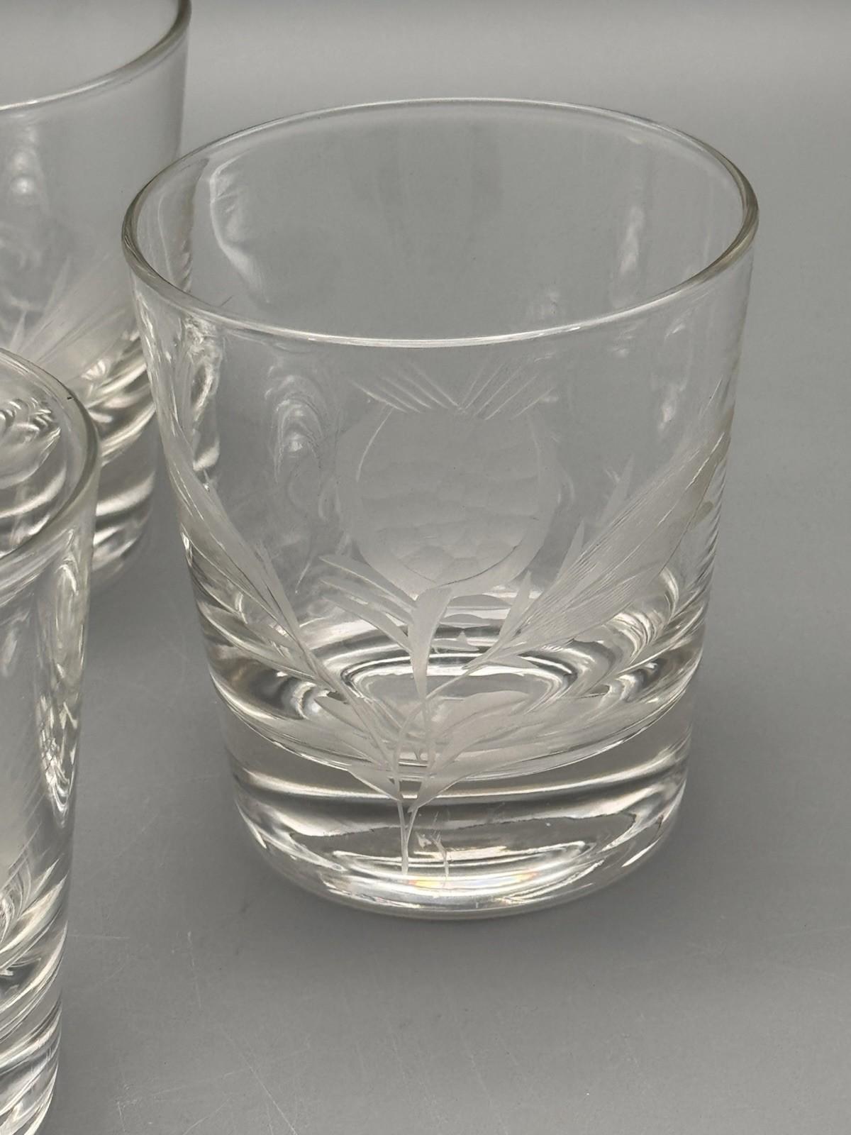 Vintage Etched Glass Tumblers Thistle Wheat Set 4 Lowball 3”