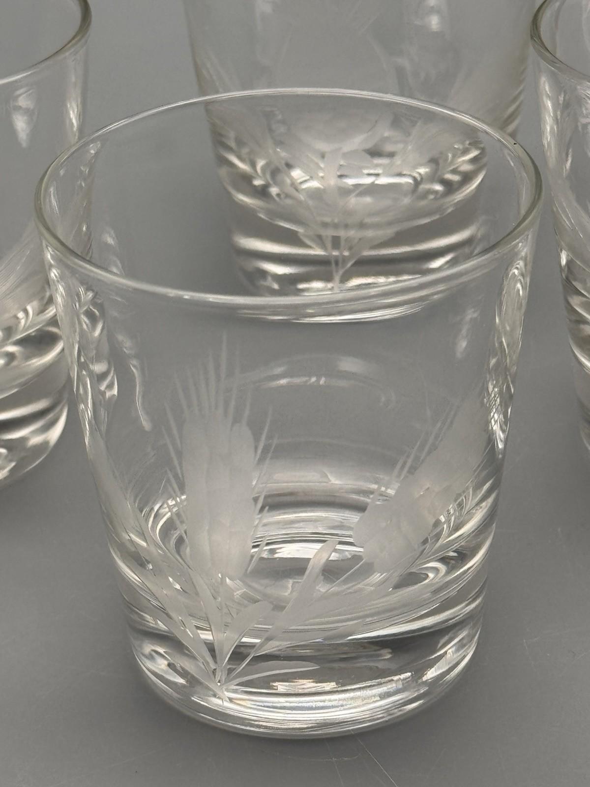 Vintage Etched Glass Tumblers Thistle Wheat Set 4 Lowball 3”