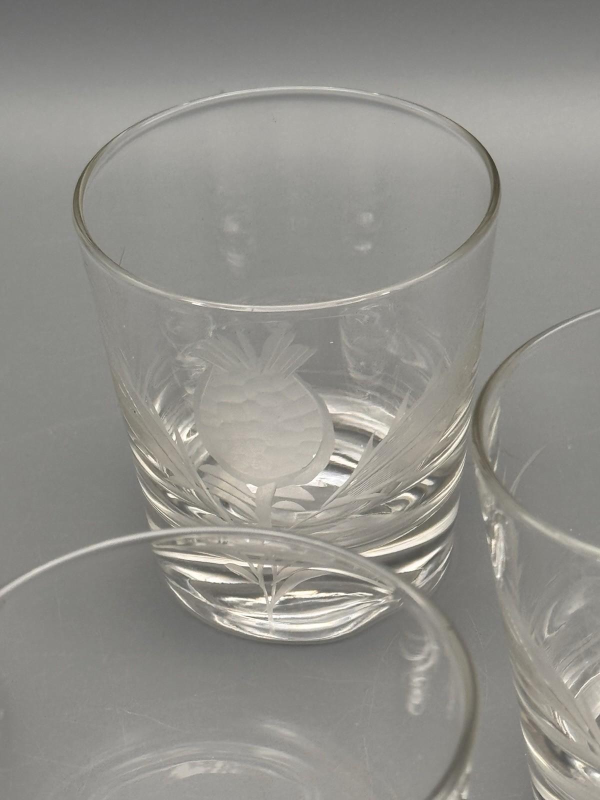 Vintage Etched Glass Tumblers Thistle Wheat Set 4 Lowball 3”