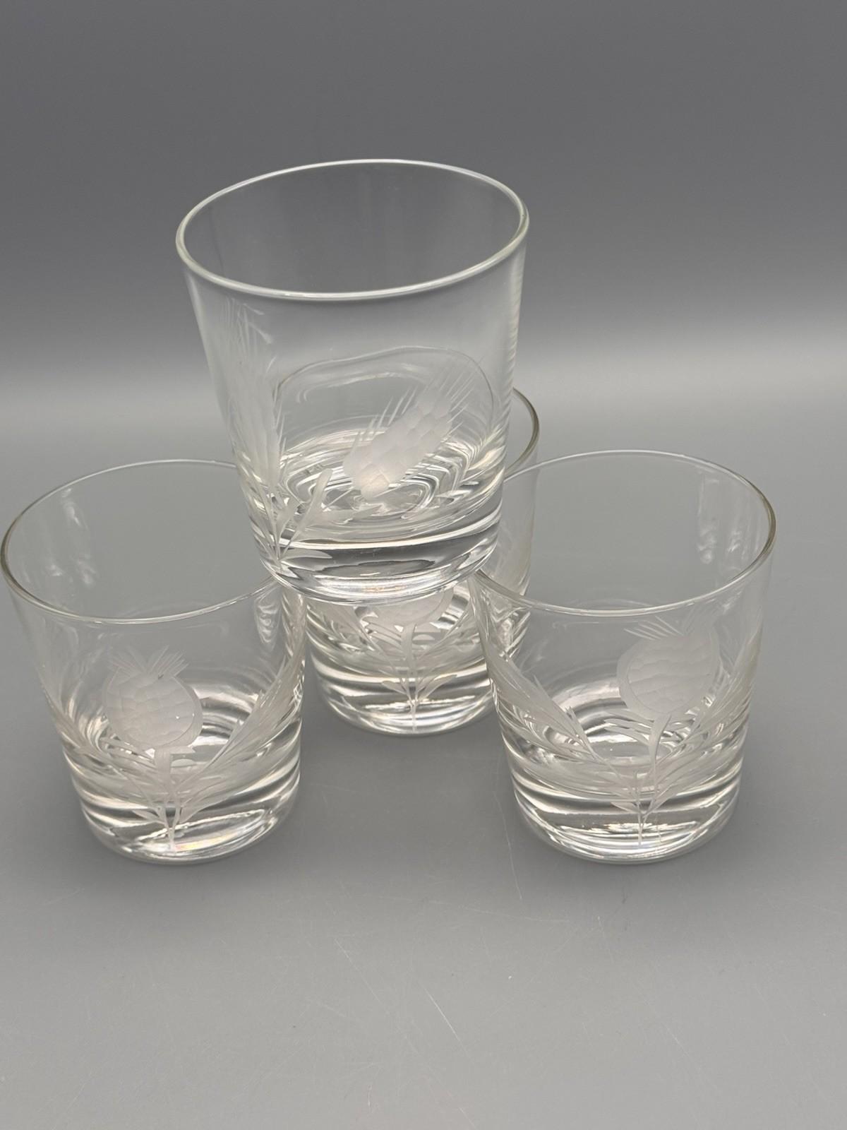 Vintage Etched Glass Tumblers Thistle Wheat Set 4 Lowball 3”