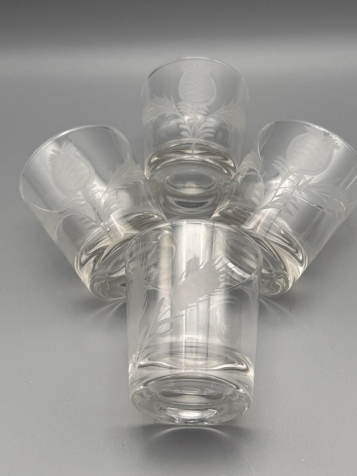 Vintage Etched Glass Tumblers Thistle Wheat Set 4 Lowball 3”