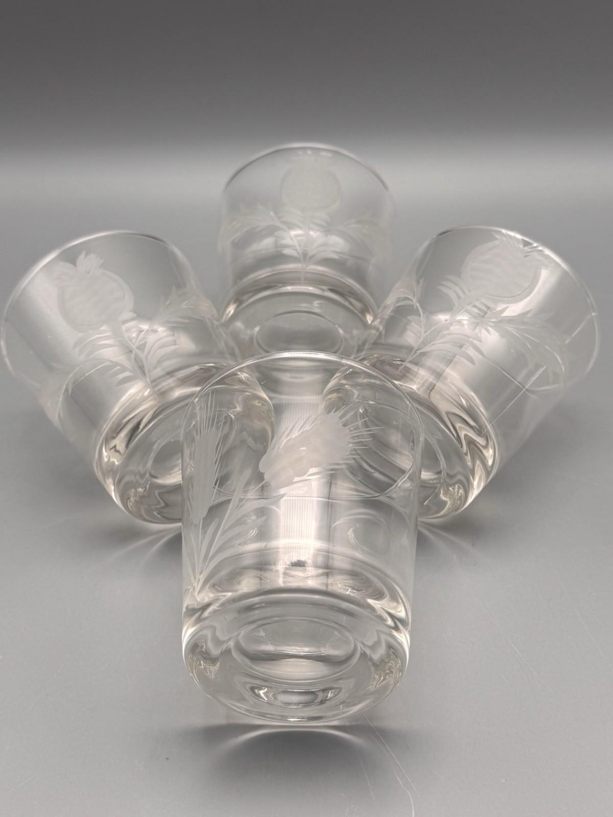 Vintage Etched Glass Tumblers Thistle Wheat Set 4 Lowball 3”