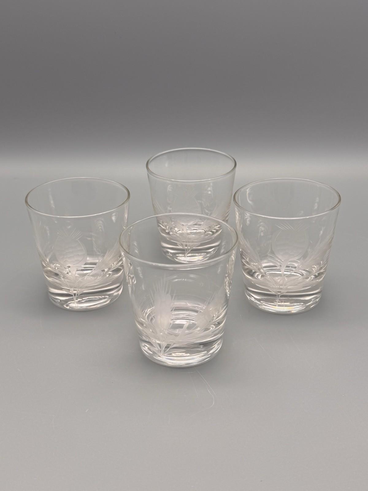 Vintage Etched Glass Tumblers Thistle Wheat Set 4 Lowball 3”