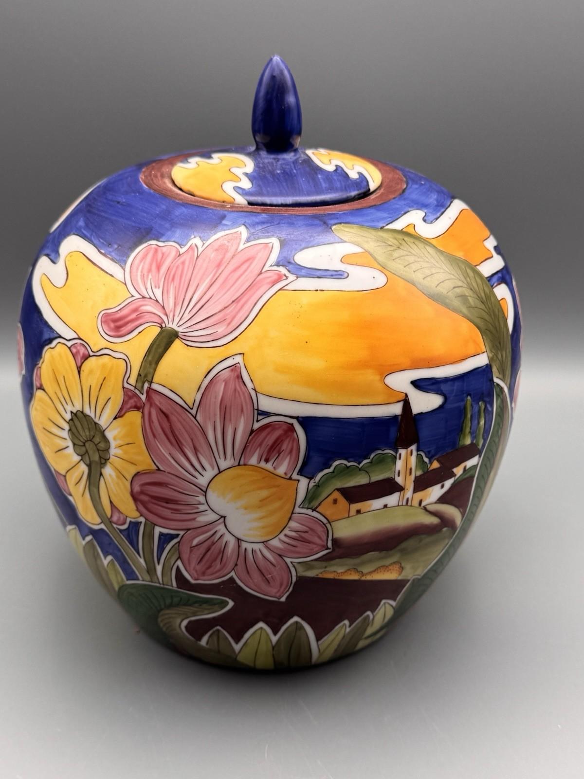 Vintage Ginger Jar Hand Painted Floral Landscape Lidded China 10”