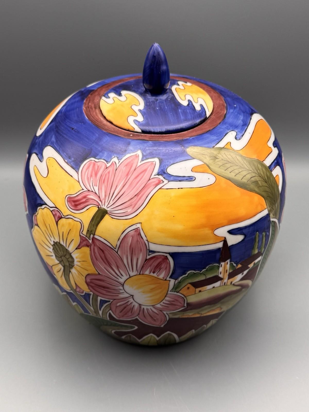 Vintage Ginger Jar Hand Painted Floral Landscape Lidded China 10”