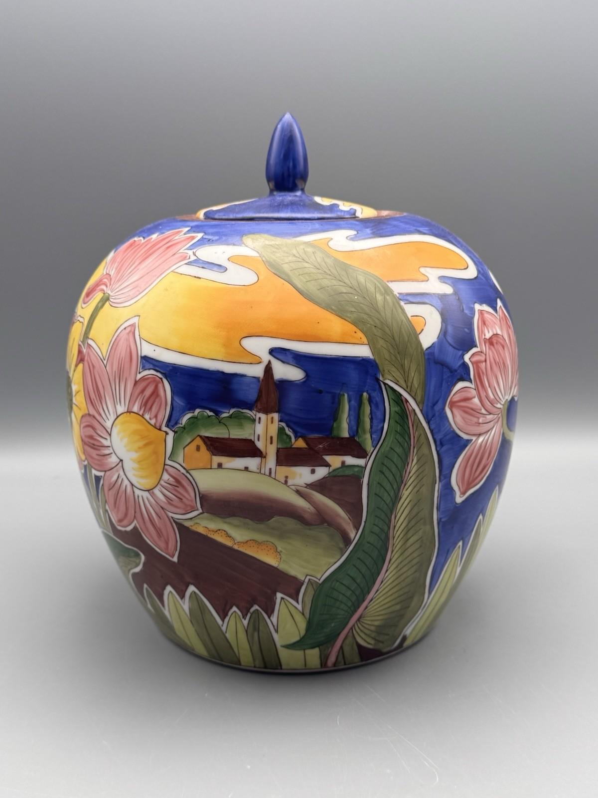 Vintage Ginger Jar Hand Painted Floral Landscape Lidded China 10”