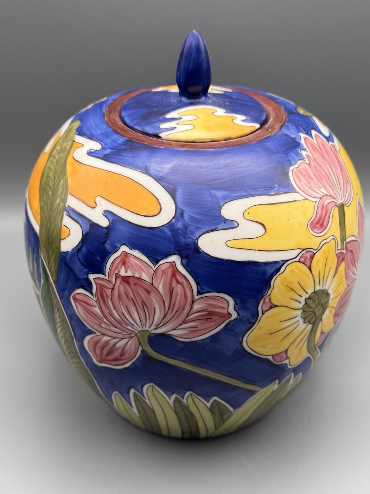 Vintage Ginger Jar Hand Painted Floral Landscape Lidded China 10”