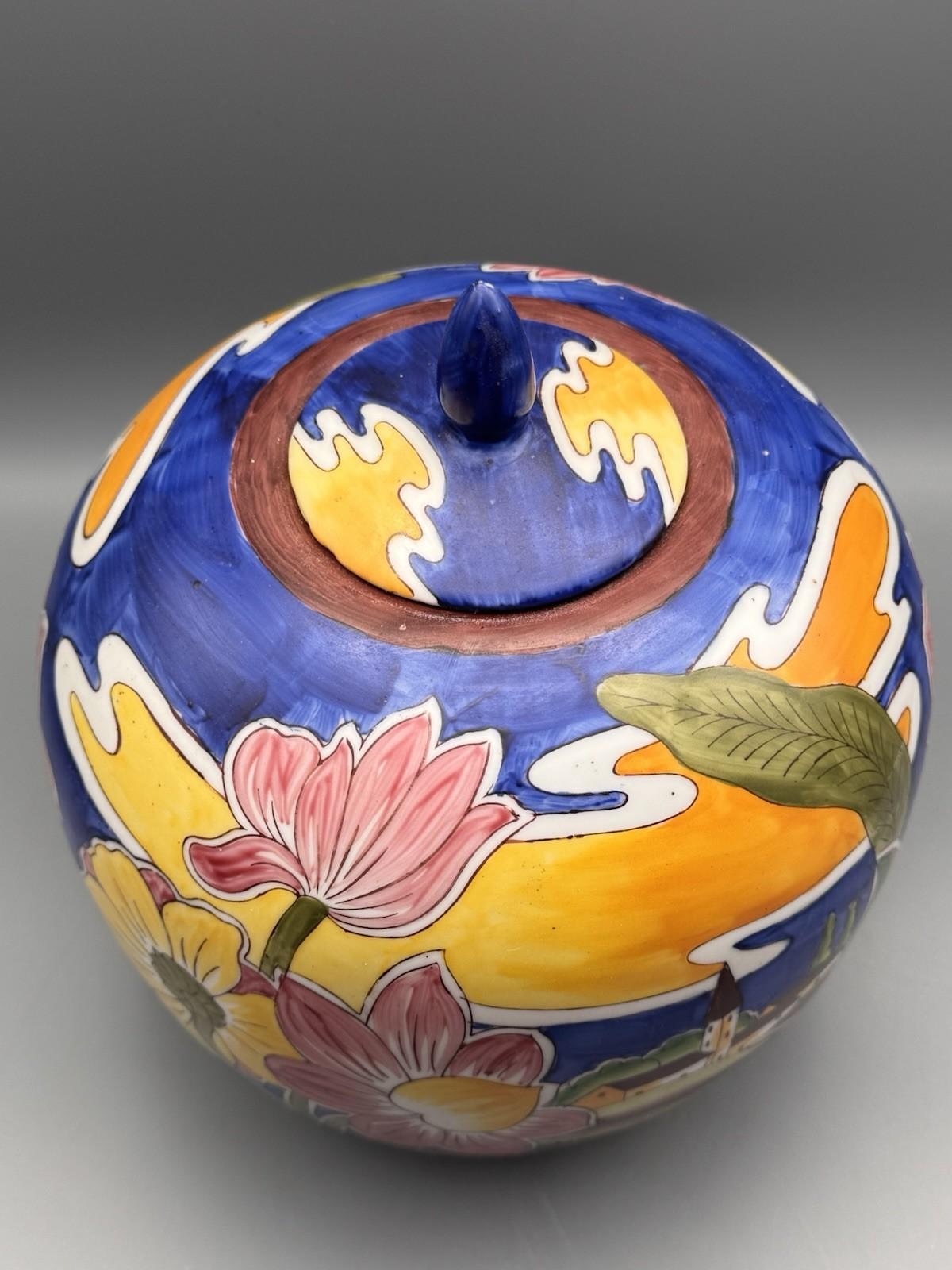 Vintage Ginger Jar Hand Painted Floral Landscape Lidded China 10”