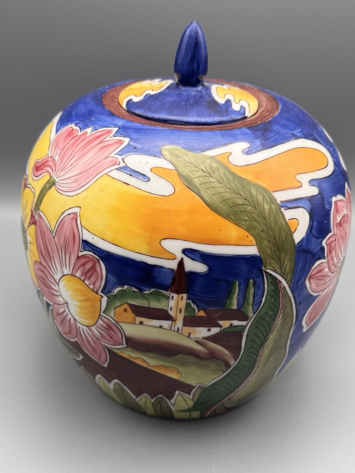 Vintage Ginger Jar Hand Painted Floral Landscape Lidded China 10”
