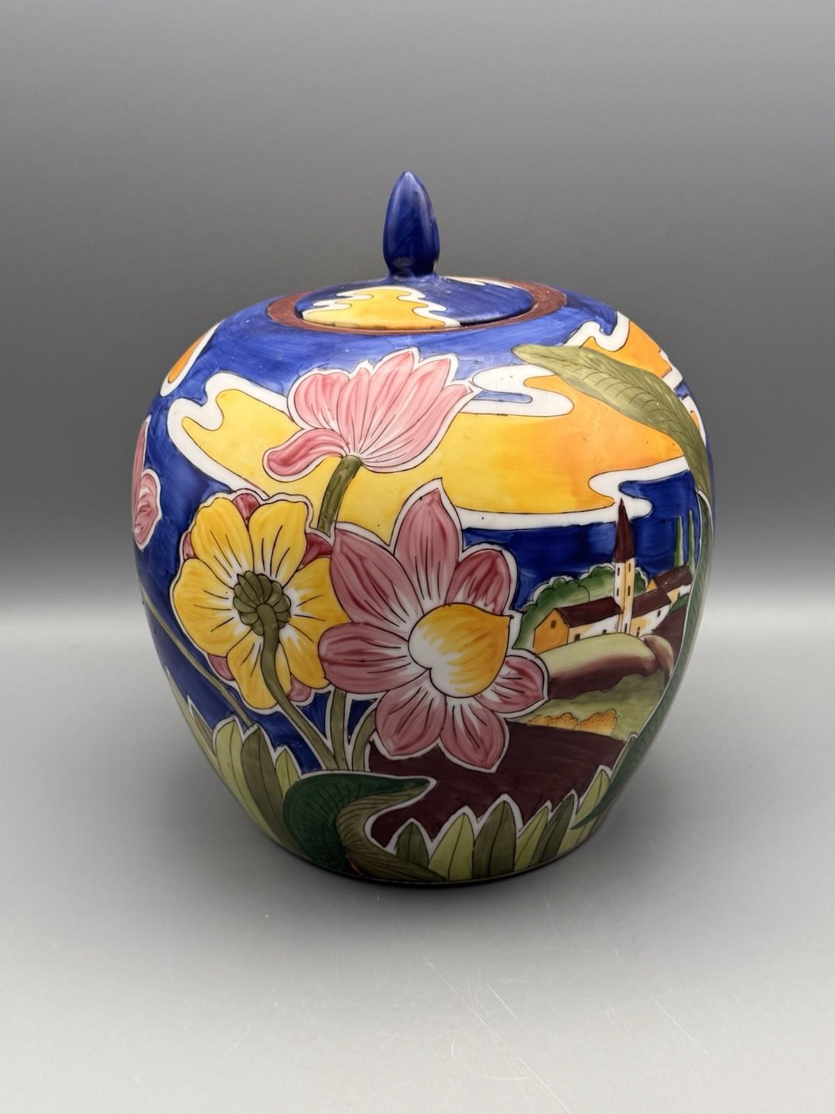 Vintage Ginger Jar Hand Painted Floral Landscape Lidded China 10”